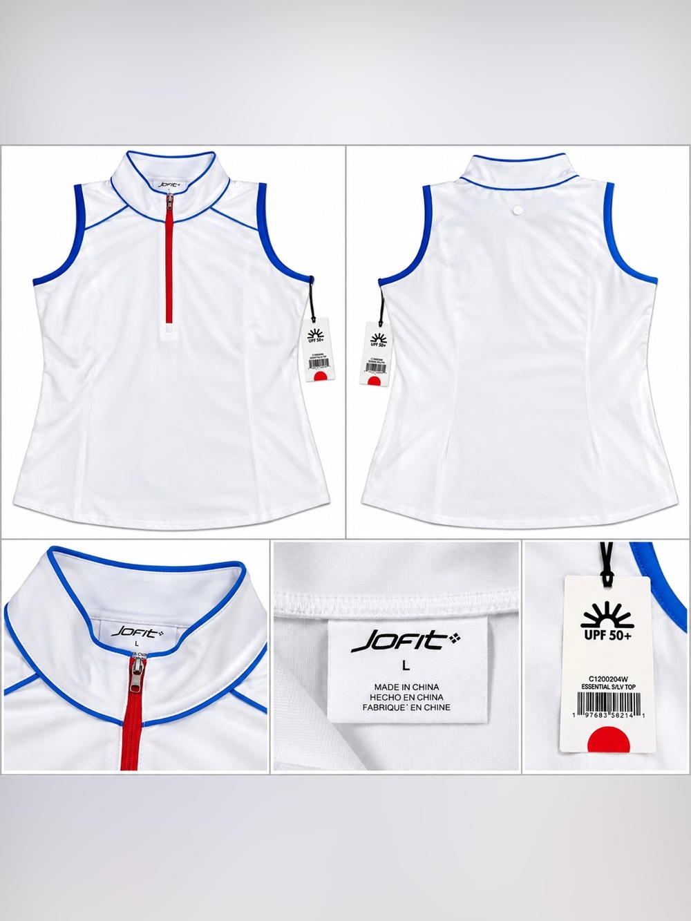 Jofit White Sleeveless Zip Golf Polo with Blue Trim and Red Zip
